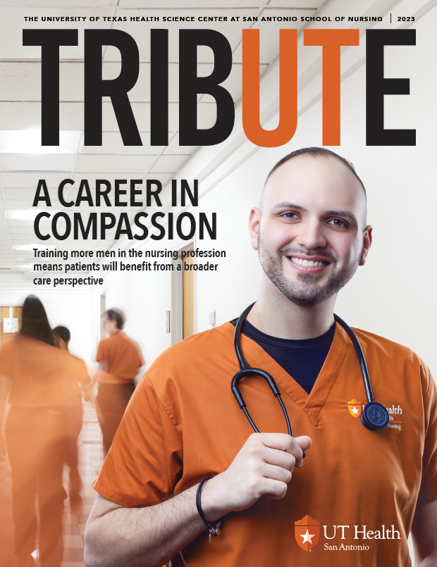 cover of magazine with man nurse standing holding stethoscope